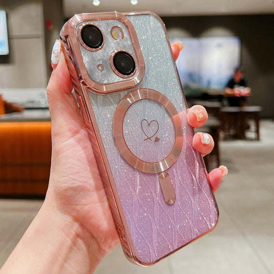 For iPhone 14 Loves Leaves Gradient Glitter Carbon Fiber Magsafe TPU Phone Case(Pink) by buy2fix