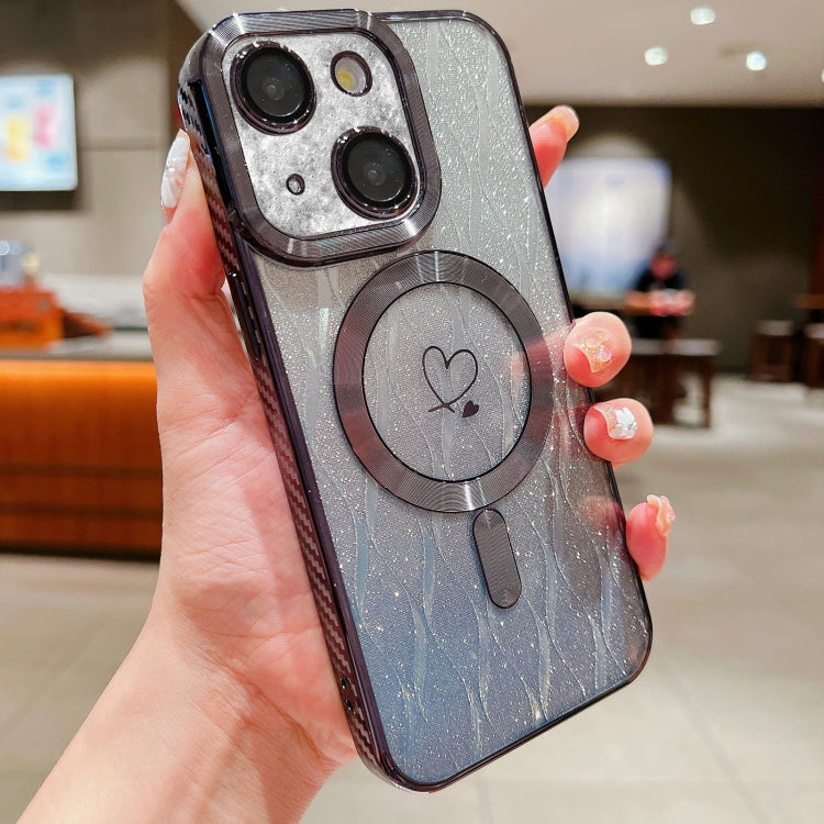 For iPhone 14 Loves Leaves Gradient Glitter Carbon Fiber Magsafe TPU Phone Case(Black) by buy2fix