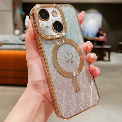 For iPhone 14 Loves Leaves Gradient Glitter Carbon Fiber Magsafe TPU Phone Case(Gold) by buy2fix