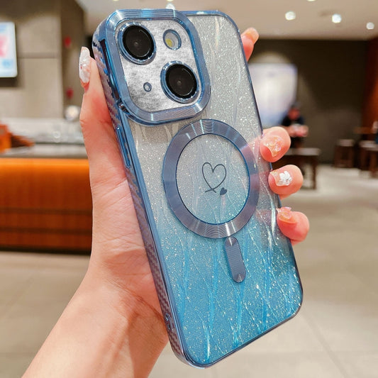 For iPhone 14 Loves Leaves Gradient Glitter Carbon Fiber Magsafe TPU Phone Case(Blue) by buy2fix