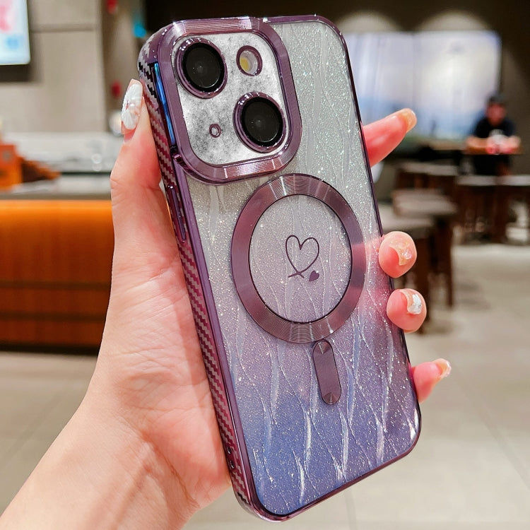 For iPhone 14 Loves Leaves Gradient Glitter Carbon Fiber Magsafe TPU Phone Case(Purple) by buy2fix
