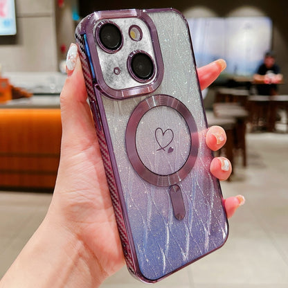 For iPhone 14 Loves Leaves Gradient Glitter Carbon Fiber Magsafe TPU Phone Case(Purple) by buy2fix