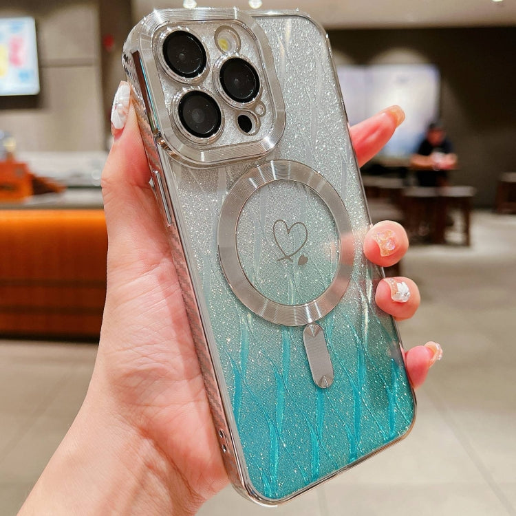 For iPhone 14 Pro Loves Leaves Gradient Glitter Carbon Fiber Magsafe TPU Phone Case(Green Silver) by buy2fix