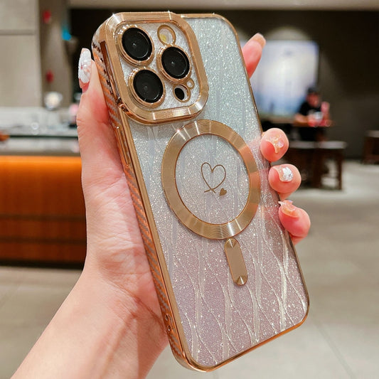 For iPhone 13 Pro Loves Leaves Gradient Glitter Carbon Fiber Magsafe TPU Phone Case(Gold) by buy2fix