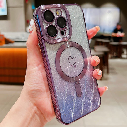 For iPhone 13 Pro Loves Leaves Gradient Glitter Carbon Fiber Magsafe TPU Phone Case(Purple) by buy2fix