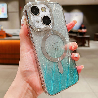 For iPhone 13 Loves Leaves Gradient Glitter Carbon Fiber Magsafe TPU Phone Case(Green Silver) by buy2fix