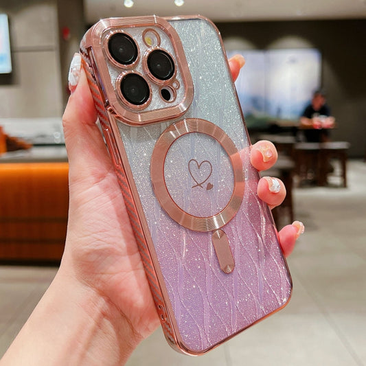For iPhone 12 Pro Loves Leaves Gradient Glitter Carbon Fiber Magsafe TPU Phone Case(Pink) by buy2fix