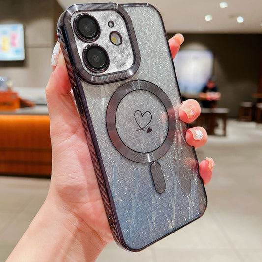 For iPhone 12 Loves Leaves Gradient Glitter Carbon Fiber Magsafe TPU Phone Case(Black) by buy2fix