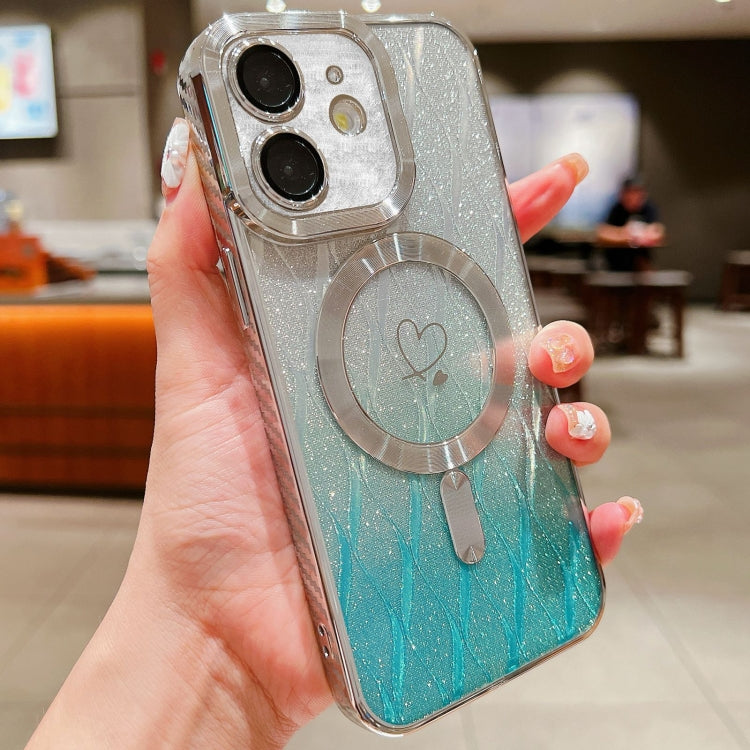 For iPhone 12 Loves Leaves Gradient Glitter Carbon Fiber Magsafe TPU Phone Case(Green Silver) by buy2fix