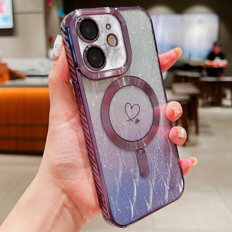 For iPhone 12 Loves Leaves Gradient Glitter Carbon Fiber Magsafe TPU Phone Case(Purple) by buy2fix