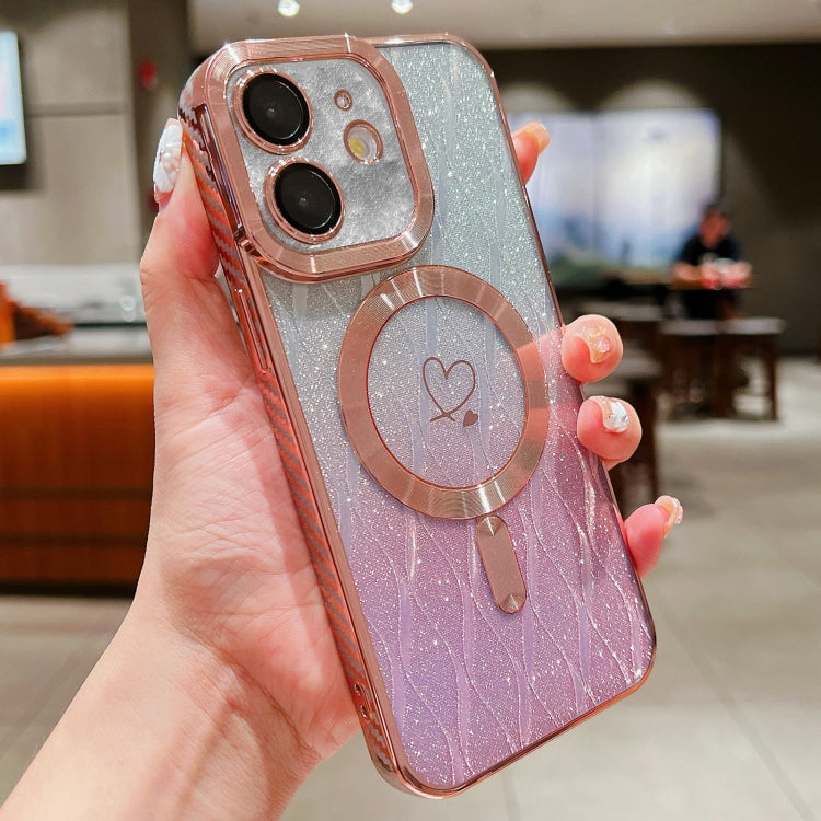 For iPhone 11 Loves Leaves Gradient Glitter Carbon Fiber Magsafe TPU Phone Case(Pink) by buy2fix