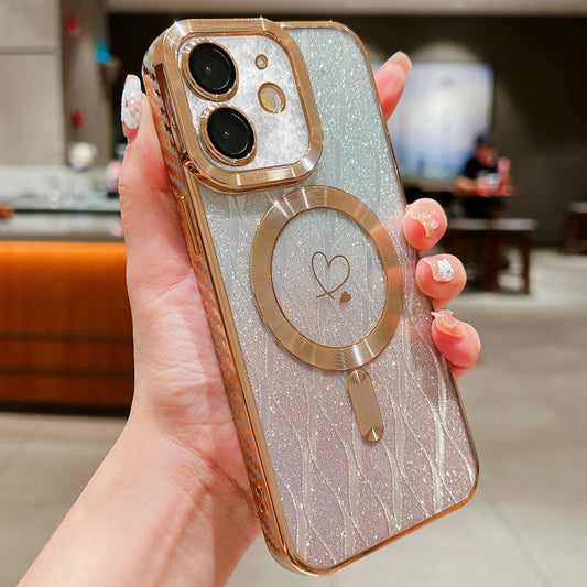 For iPhone 11 Loves Leaves Gradient Glitter Carbon Fiber Magsafe TPU Phone Case(Gold) by buy2fix
