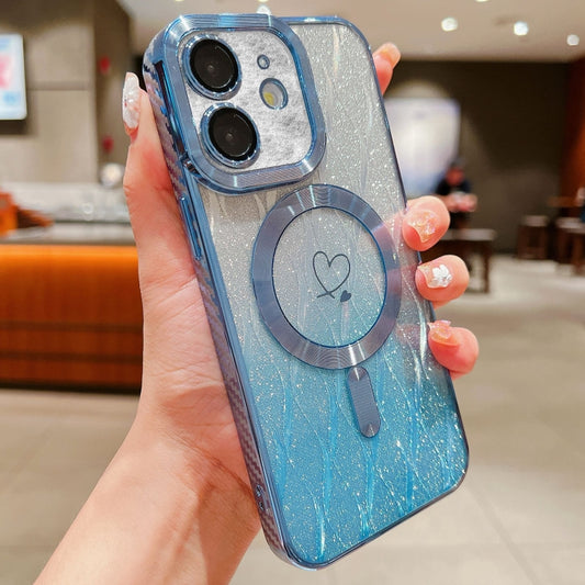 For iPhone 11 Loves Leaves Gradient Glitter Carbon Fiber Magsafe TPU Phone Case(Blue) by buy2fix