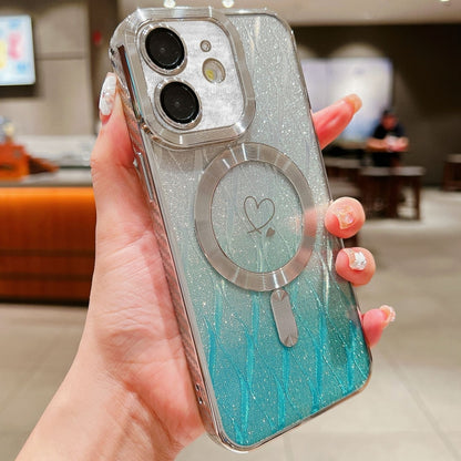 For iPhone 11 Loves Leaves Gradient Glitter Carbon Fiber Magsafe TPU Phone Case(Green Silver) by buy2fix