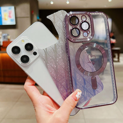 For iPhone 14 Loves Leaves Gradient Glitter Carbon Fiber Magsafe TPU Phone Case(Purple) by buy2fix