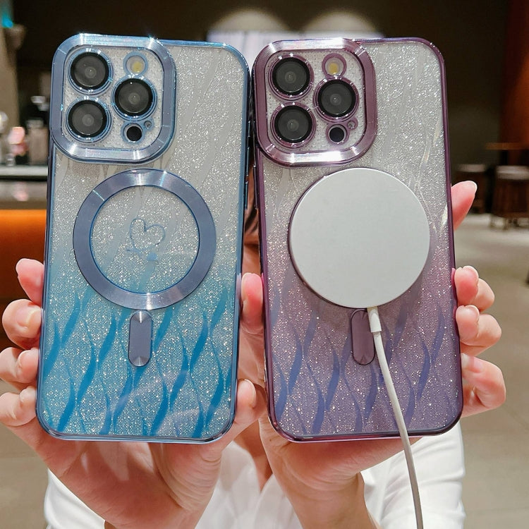 For iPhone 14 Pro Loves Leaves Gradient Glitter Carbon Fiber Magsafe TPU Phone Case(Green Silver) by buy2fix