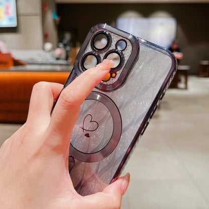 For iPhone 11 Pro Loves Leaves Gradient Glitter Carbon Fiber Magsafe TPU Phone Case(Pink) by buy2fix