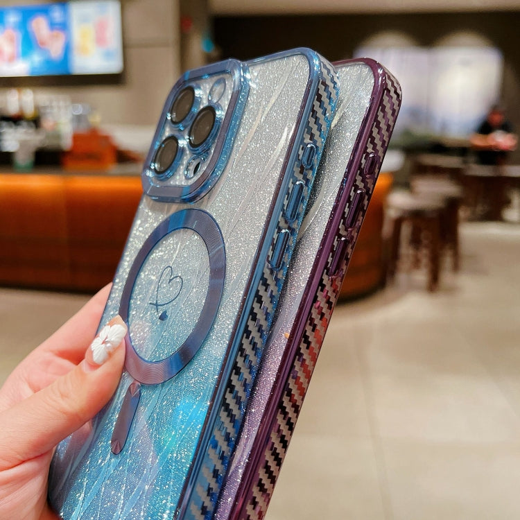 For iPhone 13 Loves Leaves Gradient Glitter Carbon Fiber Magsafe TPU Phone Case(Blue) by buy2fix