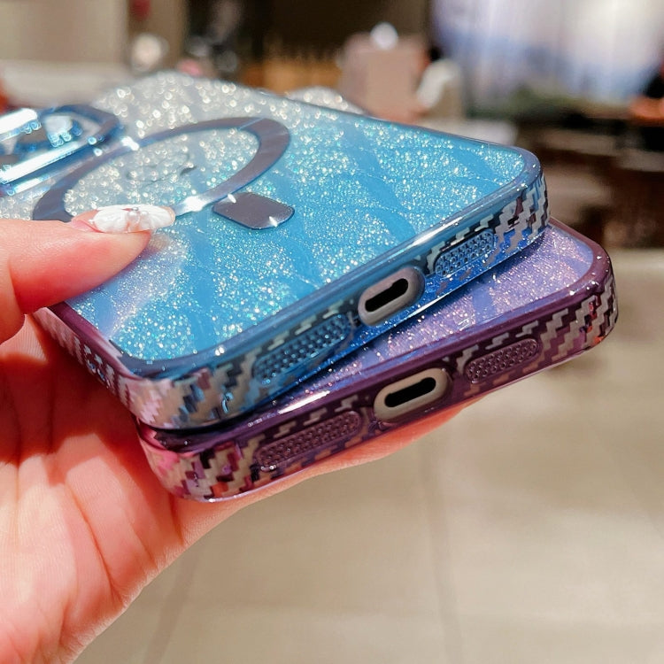 For iPhone 11 Pro Loves Leaves Gradient Glitter Carbon Fiber Magsafe TPU Phone Case(Blue) by buy2fix
