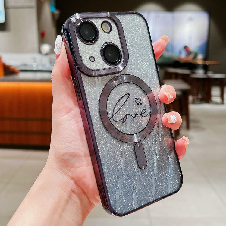 For iPhone 14 Dual-Love Leaves Gradient Glitter Magsafe TPU Phone Case(Black) by buy2fix