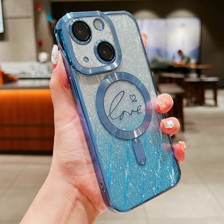 For iPhone 13 Dual-Love Leaves Gradient Glitter Magsafe TPU Phone Case(Blue) by buy2fix