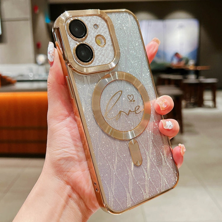 For iPhone 11 Dual-Love Leaves Gradient Glitter Magsafe TPU Phone Case(Gold) by buy2fix