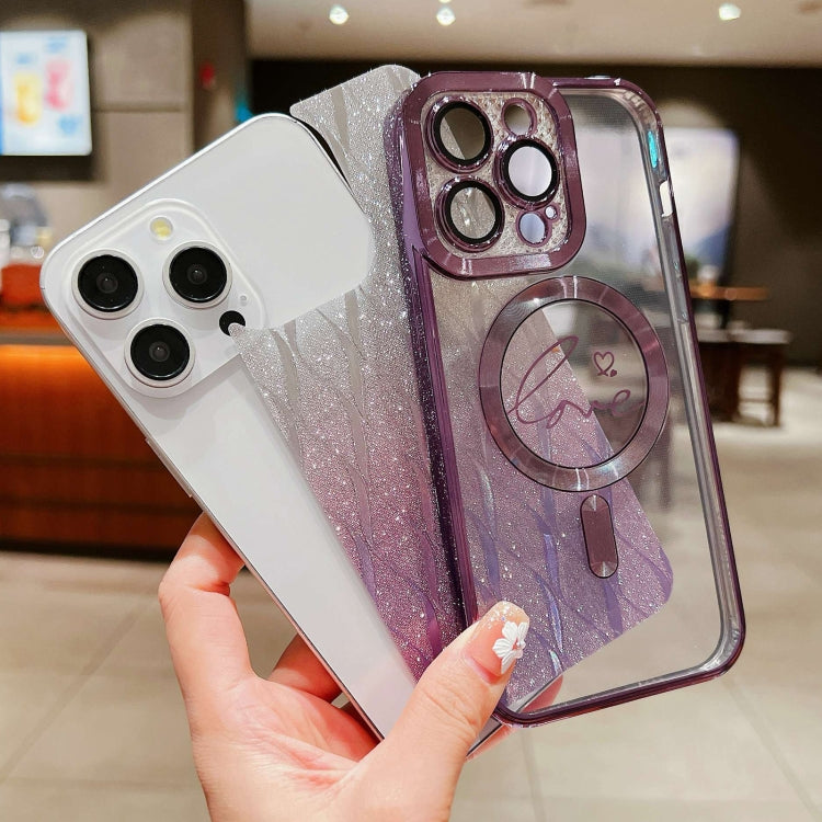 For iPhone 13 Dual-Love Leaves Gradient Glitter Magsafe TPU Phone Case(Blue) by buy2fix