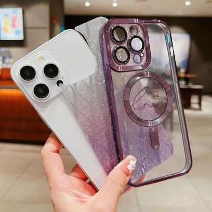 For iPhone 13 Dual-Love Leaves Gradient Glitter Magsafe TPU Phone Case(Blue) by buy2fix