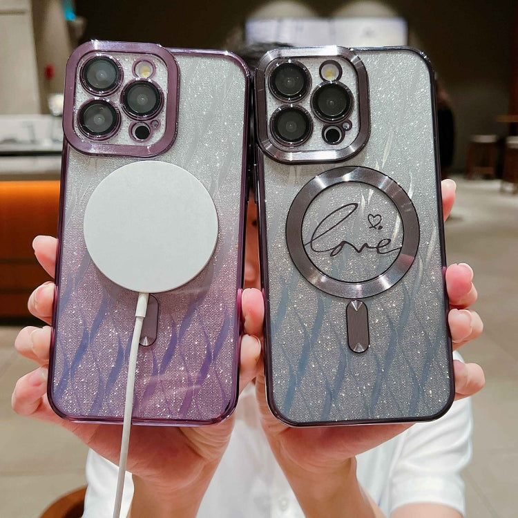 For iPhone 13 Dual-Love Leaves Gradient Glitter Magsafe TPU Phone Case(Blue) by buy2fix