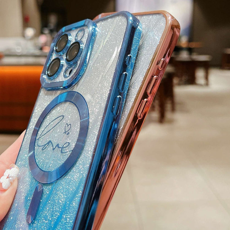 For iPhone 13 Dual-Love Leaves Gradient Glitter Magsafe TPU Phone Case(Blue) by buy2fix