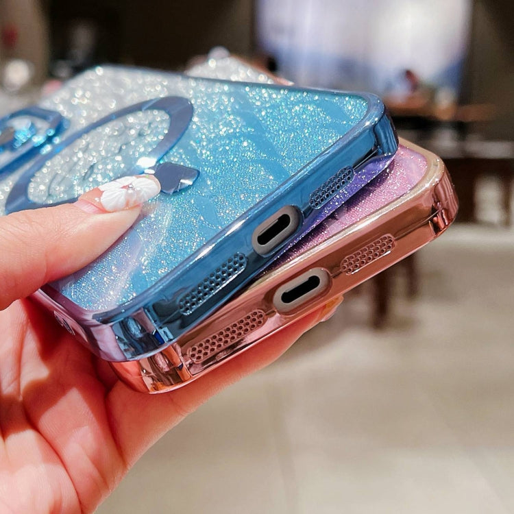 For iPhone 13 Dual-Love Leaves Gradient Glitter Magsafe TPU Phone Case(Blue) by buy2fix