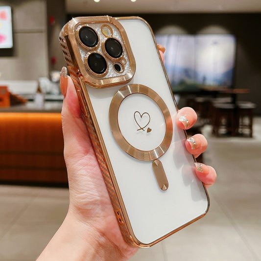 For iPhone 15 Pro Max Loves Carbon Fiber Clear Plated Magsafe TPU Phone Case(Gold) by buy2fix