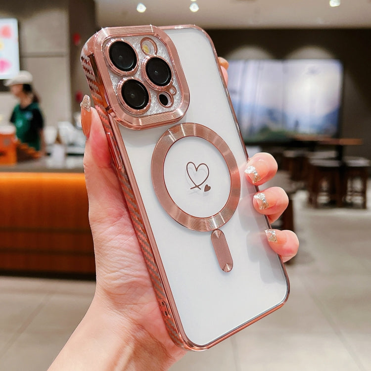 For iPhone 15 Pro Loves Carbon Fiber Clear Plated Magsafe TPU Phone Case(Rose Pink) - iPhone 15 Pro Cases by buy2fix | Online Shopping UK | buy2fix
