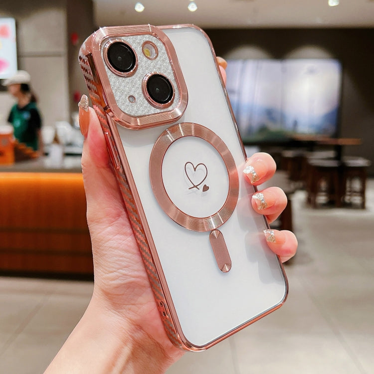 For iPhone 15 Plus Loves Carbon Fiber Clear Plated Magsafe TPU Phone Case(Rose Pink) - iPhone 15 Plus Cases by buy2fix | Online Shopping UK | buy2fix