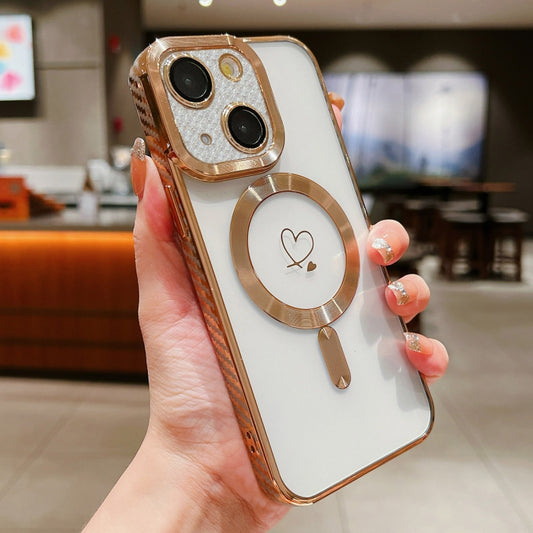 For iPhone 14 Loves Carbon Fiber Clear Plated Magsafe TPU Phone Case(Gold) by buy2fix