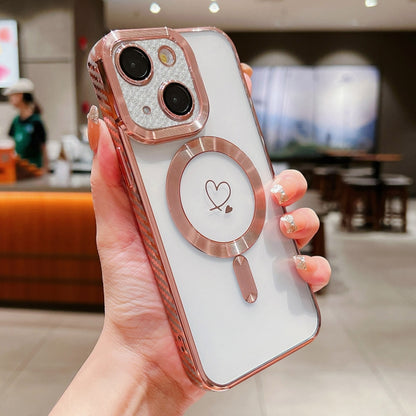 For iPhone 14 Loves Carbon Fiber Clear Plated Magsafe TPU Phone Case(Rose Pink) by buy2fix