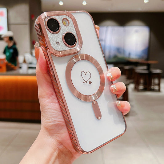 For iPhone 14 Loves Carbon Fiber Clear Plated Magsafe TPU Phone Case(Rose Pink) by buy2fix
