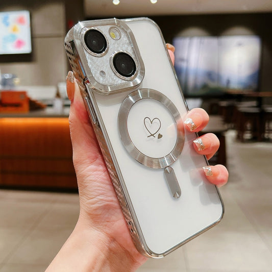 For iPhone 14 Loves Carbon Fiber Clear Plated Magsafe TPU Phone Case(Silver) by buy2fix