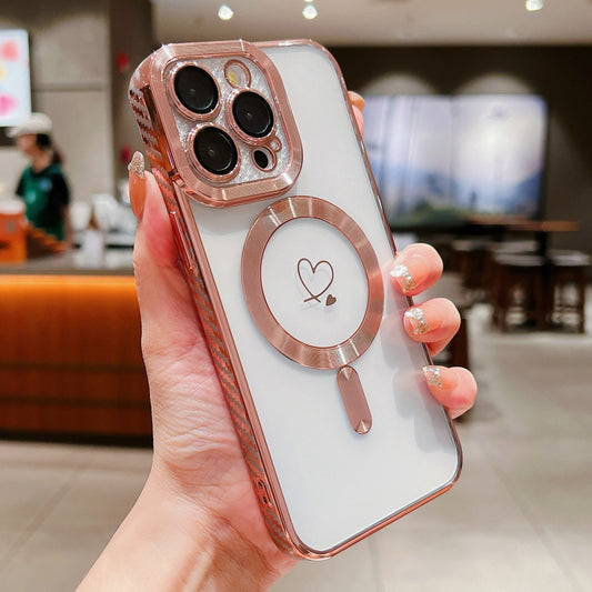 For iPhone 13 Pro Max Loves Carbon Fiber Clear Plated Magsafe TPU Phone Case(Rose Pink) by buy2fix