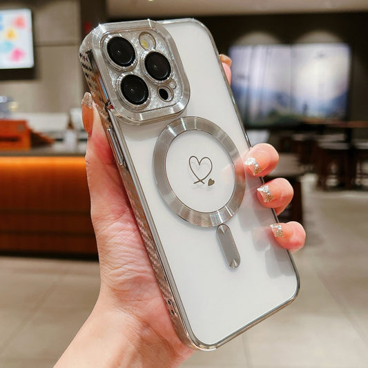 For iPhone 13 Pro Loves Carbon Fiber Clear Plated Magsafe TPU Phone Case(Silver) by buy2fix