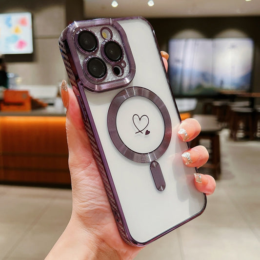 For iPhone 13 Pro Loves Carbon Fiber Clear Plated Magsafe TPU Phone Case(Purple) by buy2fix