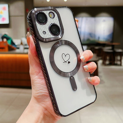 For iPhone 13 Loves Carbon Fiber Clear Plated Magsafe TPU Phone Case(Black) by buy2fix