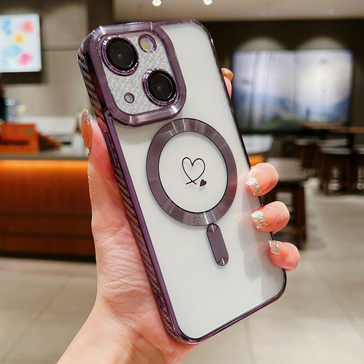 For iPhone 13 Loves Carbon Fiber Clear Plated Magsafe TPU Phone Case(Purple) by buy2fix