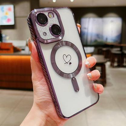 For iPhone 13 Loves Carbon Fiber Clear Plated Magsafe TPU Phone Case(Purple) by buy2fix