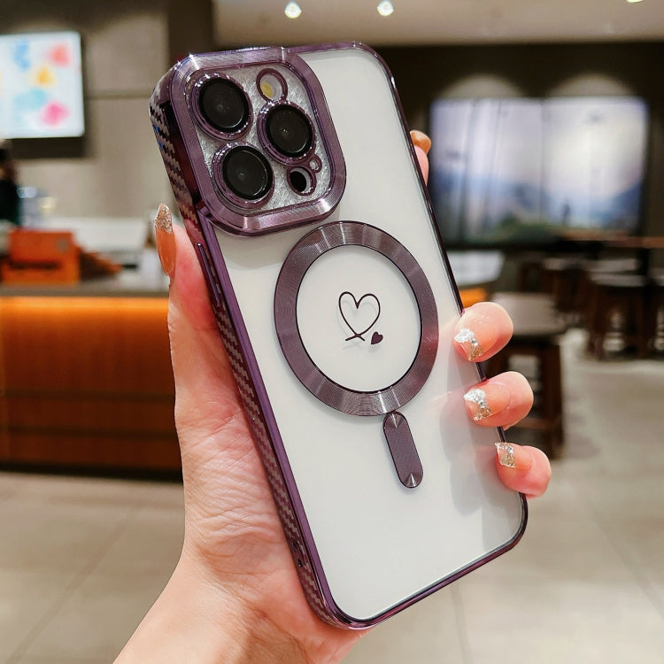 For iPhone 12 Pro Loves Carbon Fiber Clear Plated Magsafe TPU Phone Case(Purple) by buy2fix