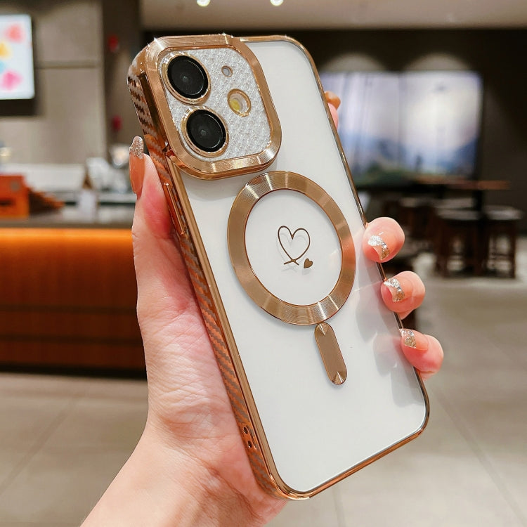 For iPhone 12 Loves Carbon Fiber Clear Plated Magsafe TPU Phone Case(Gold) by buy2fix