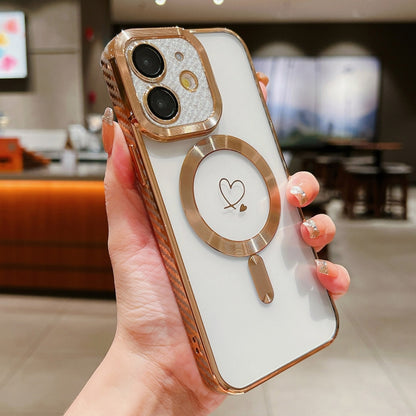 For iPhone 12 Loves Carbon Fiber Clear Plated Magsafe TPU Phone Case(Gold) by buy2fix