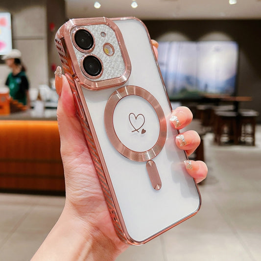 For iPhone 12 Loves Carbon Fiber Clear Plated Magsafe TPU Phone Case(Rose Pink) by buy2fix