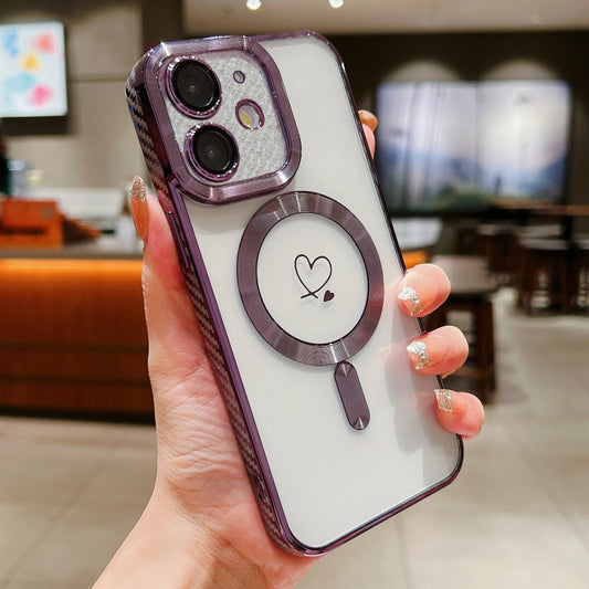 For iPhone 12 Loves Carbon Fiber Clear Plated Magsafe TPU Phone Case(Purple) by buy2fix