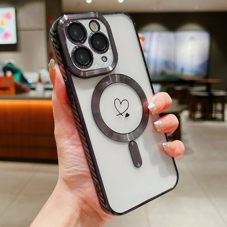 For iPhone 11 Pro Max Loves Carbon Fiber Clear Plated Magsafe TPU Phone Case(Black) by buy2fix